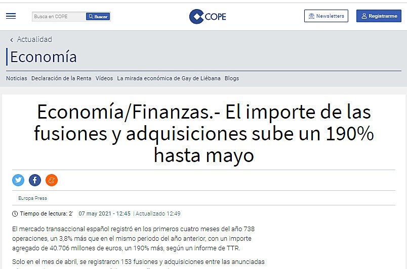 El importe de las fusiones y adquisiciones sube un 190% hasta mayo